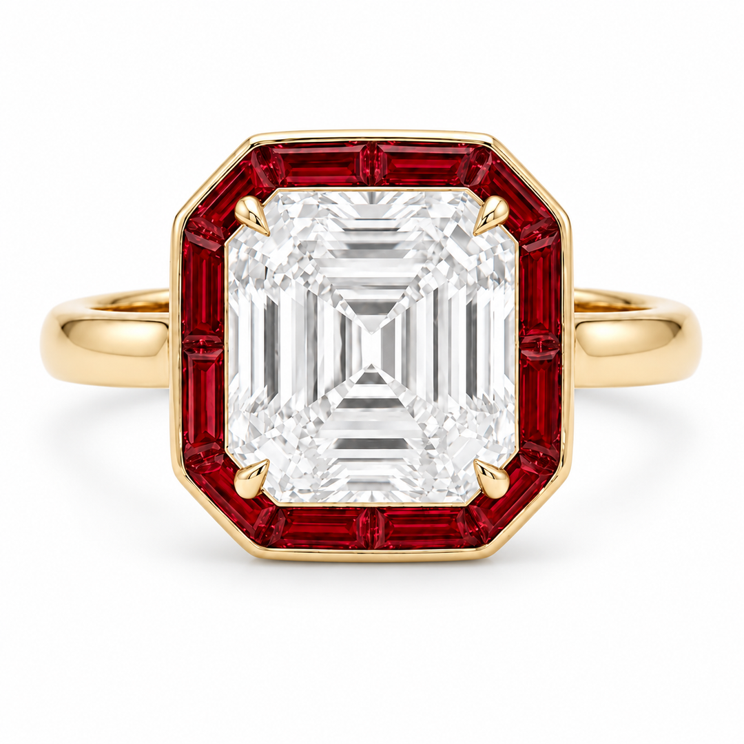 The Regent Asscher lab diamond ring with ruby halo in 14K yellow gold, front view on white