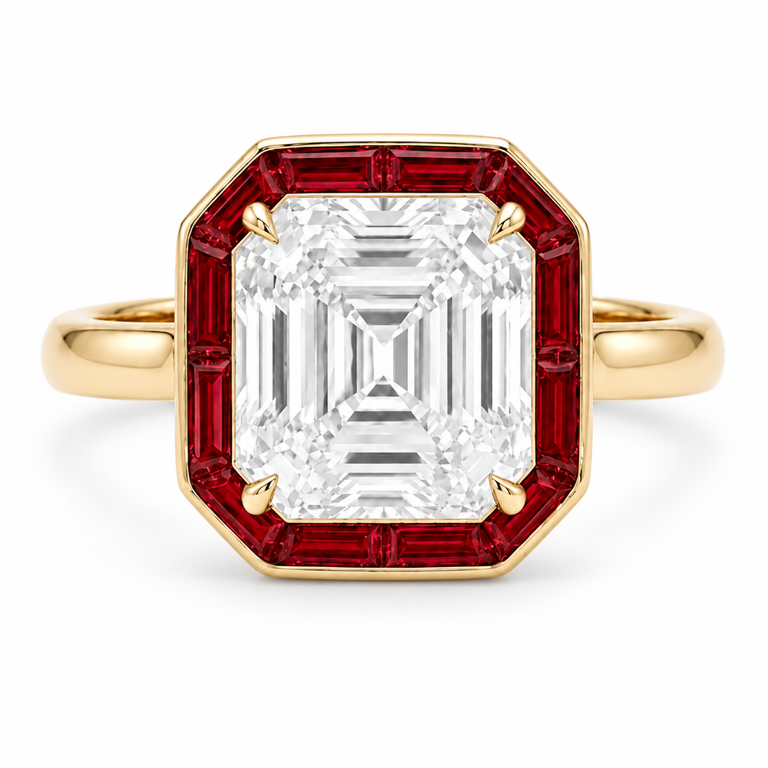 The Regent Asscher lab diamond ring with ruby halo in 14K yellow gold, front view on white