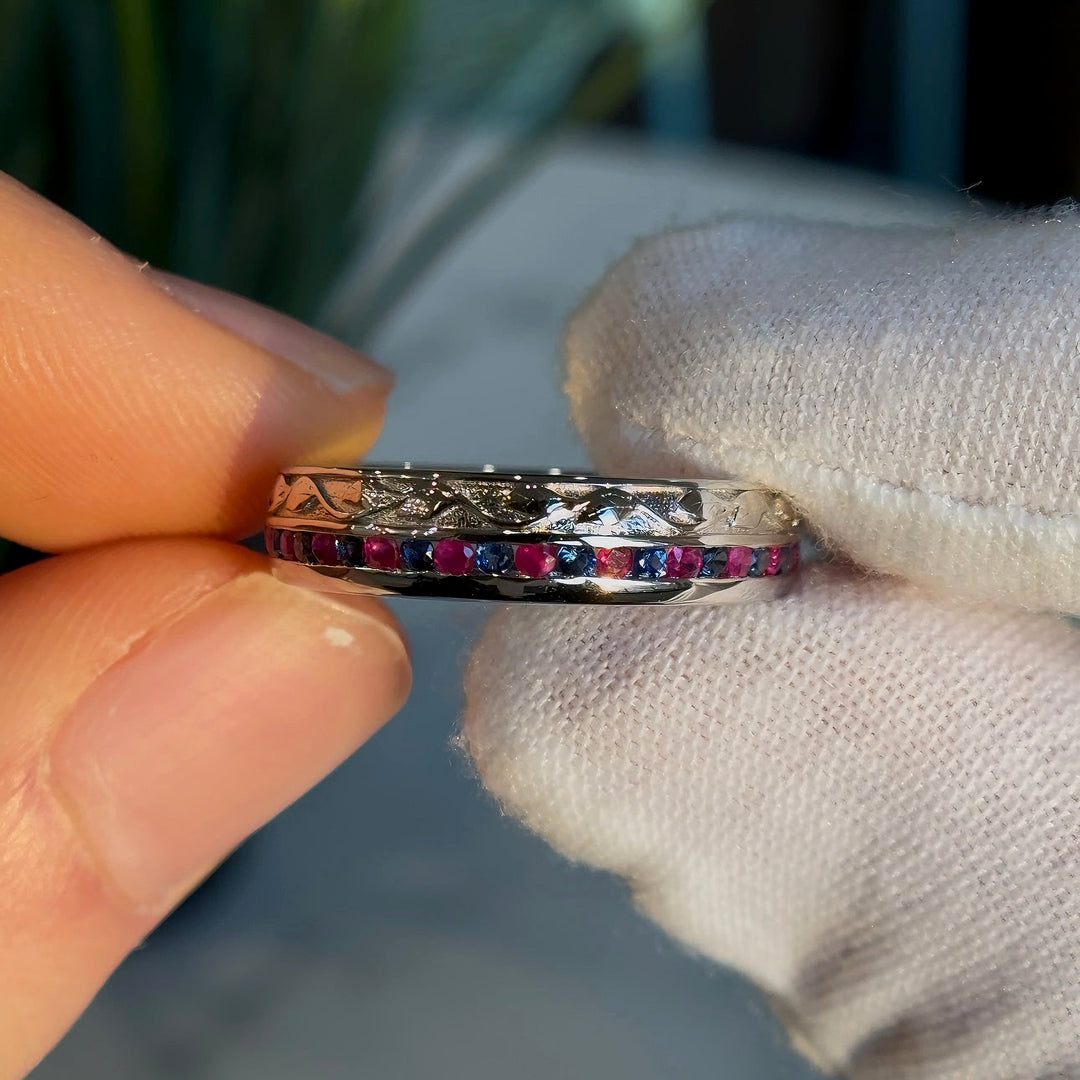 5mm "Glitch Rose" Natural Ruby& Sapphire Band Ring in 925 Sterling Silver