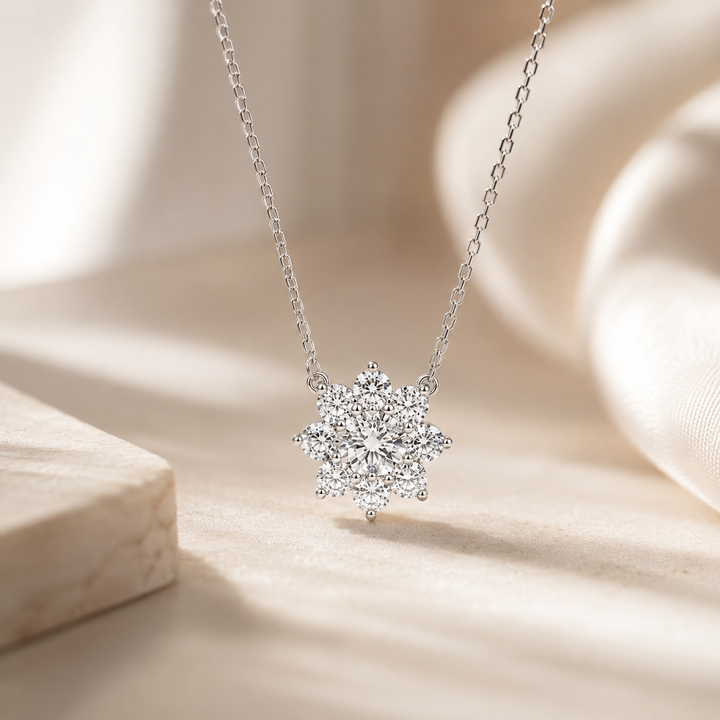 13mm, 2ctw Round Cut Lab Diamond Sunburst Pendant Necklace