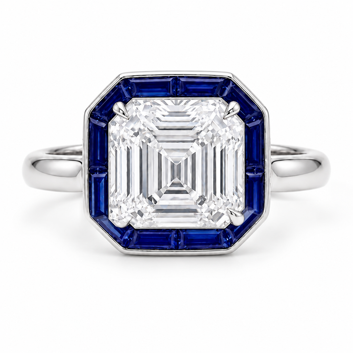 The Regent Asscher lab diamond ring with sapphire halo in 14K white gold, front view on white
