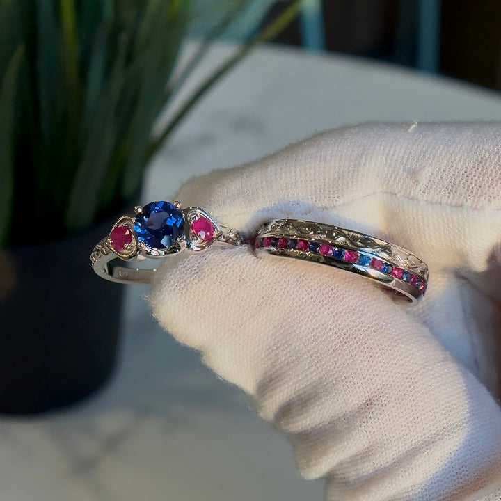 5mm "Glitch Rose" Natural Ruby& Sapphire Band Ring in 925 Sterling Silver