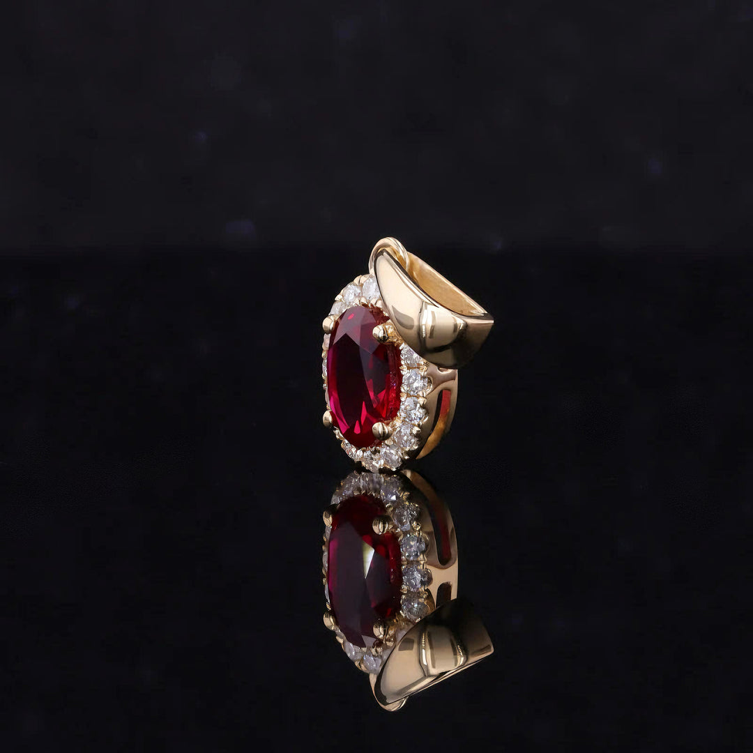 5x7mm, 1.25ct Oval Cut Ruby with Diamond Halo Pendant in 14K Solid Yellow Gold