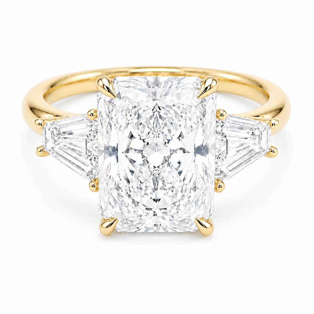 The Silhouette radiant lab diamond three-stone ring in 14K yellow gold, front view on white