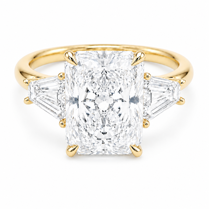 The Silhouette radiant lab diamond three-stone ring in 14K yellow gold, front view on white