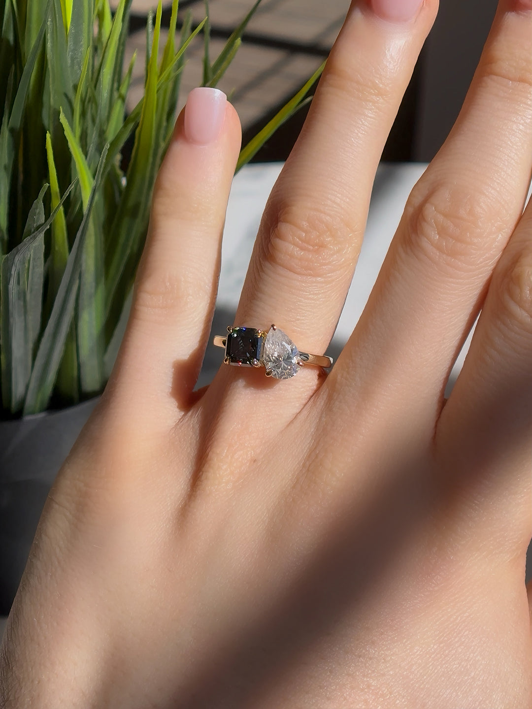 6x9mm Pear and 6.5mm Grey Asscher Cut Moissanite Toi Et Moi Ring in 10K Solid Yellow Gold