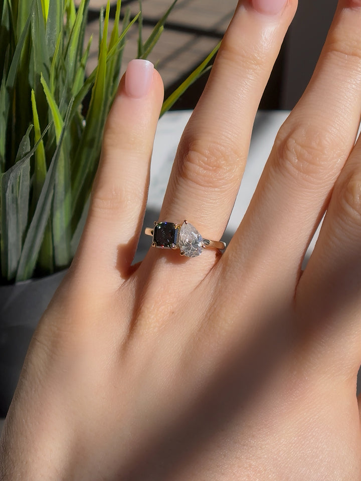 6x9mm Pear and 6.5mm Grey Asscher Cut Moissanite Toi Et Moi Ring in 10K Solid Yellow Gold