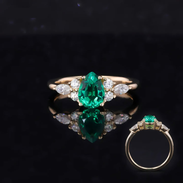 3x5mm, 0.80ct Pear Lab-Grown Colombian Emerald with Diamond Accent Ring in 14K Yellow Gold