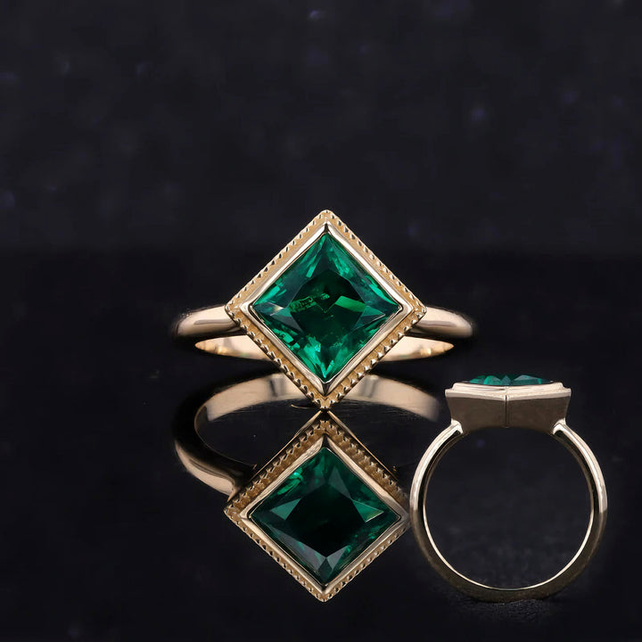 6x6mm, 1.20ct Princess Lab-Grown Zambian Emerald Bezel-Set Ring in 14K Yellow Gold