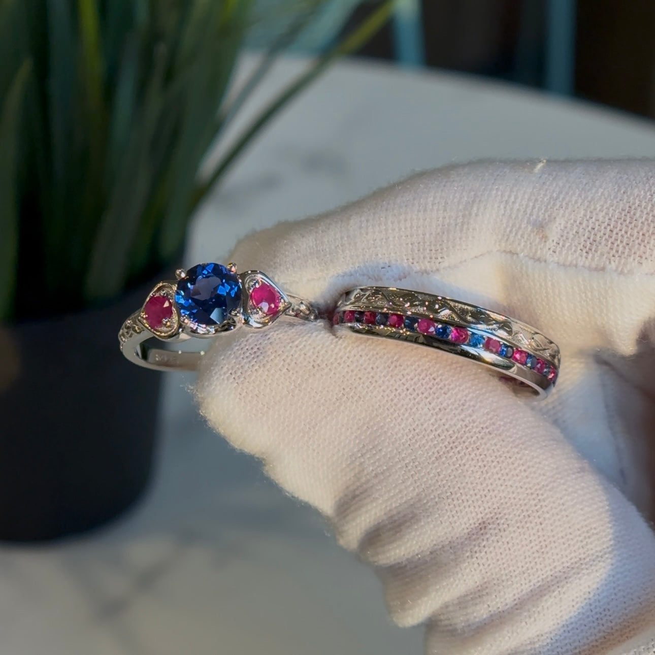 Customized™ Natural Ruby and Sapphire 5mm Band with Leaf Pattern in 925 Sterling Silver