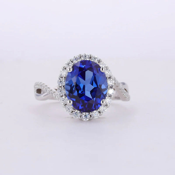 8x10mm, 4.00ct Oval Lab-Grown Blue Sapphire with Diamond Halo Ring/Twisted Band in 14K White Gold