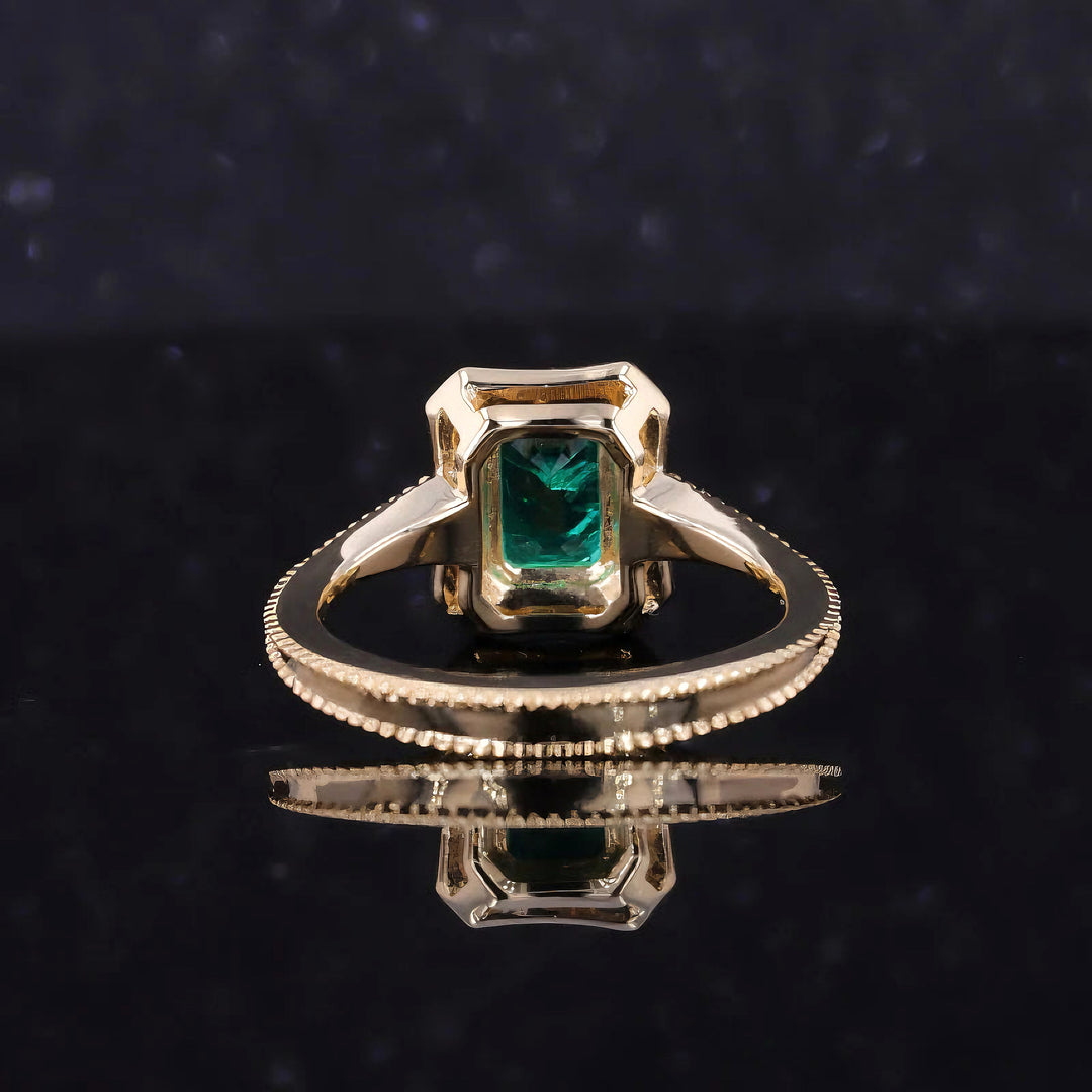 5x7mm, 1.00ct Lab-Grown Colombian Emerald with Diamond Halo Vintage Ring in 14K Yellow Gold
