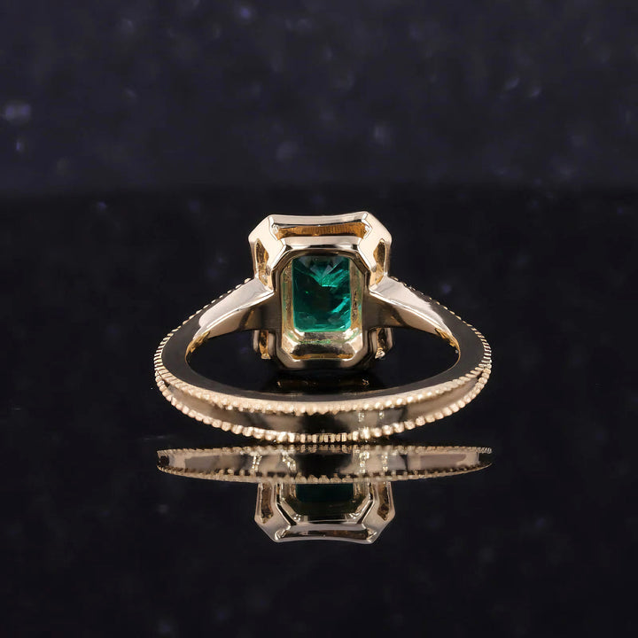 5x7mm, 1.00ct Lab-Grown Colombian Emerald with Diamond Halo Vintage Ring in 14K Yellow Gold