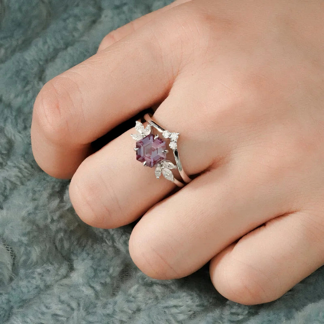 2ct Hexagon-Cut Alexandrite & Diamond Ring with Matching Diamond Stacking Band in 14K/18K Gold or Platinum (7mm)