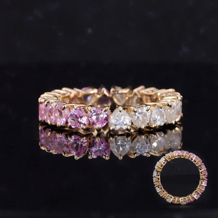 3.5mm, 4.40ctw Heart Lab-Grown Sakura Pink Sapphire & Diamond Eternity Band Ring in 14K Yellow Gold