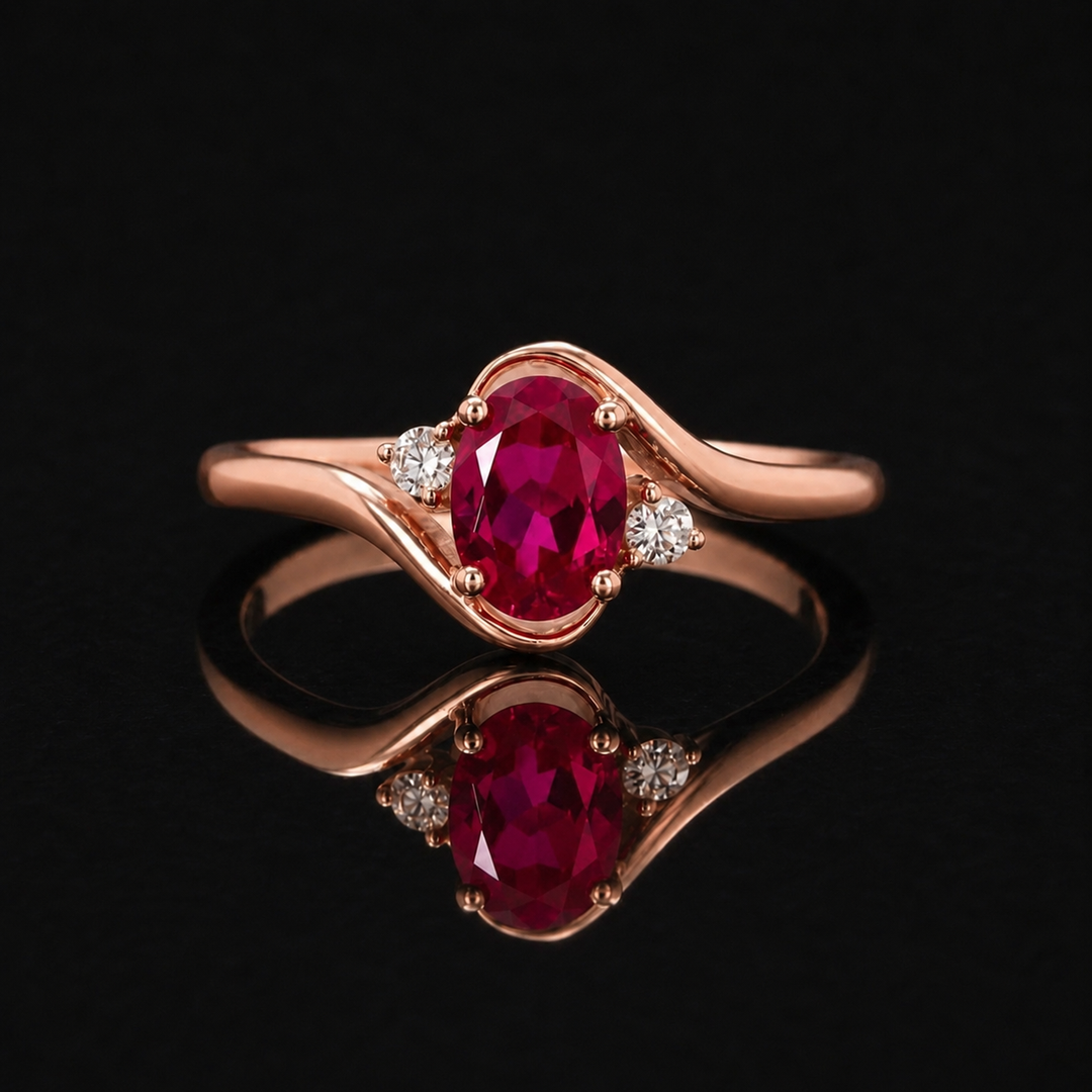 5*7mm Oval Cut Red Ruby with Diamond Twisted Band Ring in 10K Solid Yellow Gold