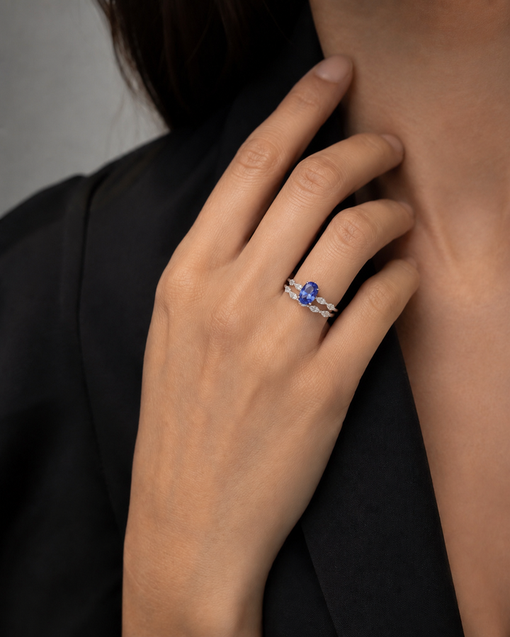 The Maeve Set — Blue Oval Sapphire 5-Stone Ring with Marquise Stacking Band