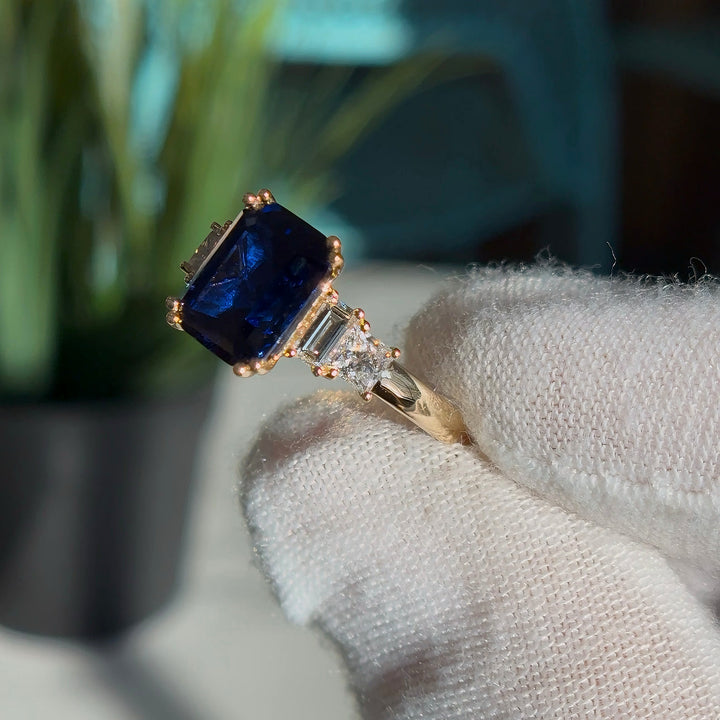 7x9mm, 4.27ct Emerald Cut Blue Sapphire Ring with Diamonds + Stacking Natural Sapphire Eternity Ring in 14K Solid Yellow Gold