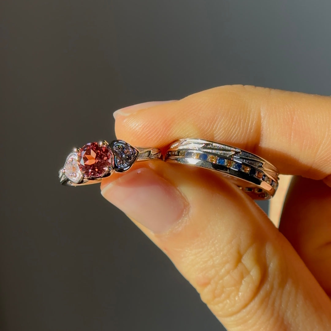 1.00ct "The Atoms & Impact" Round Pink Sapphires Three-Stone Ring in White Gold
