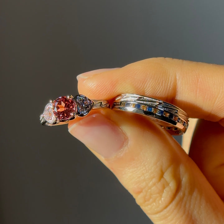1.00ct "The Atoms & Impact" Round Pink Sapphires Three-Stone Ring in White Gold