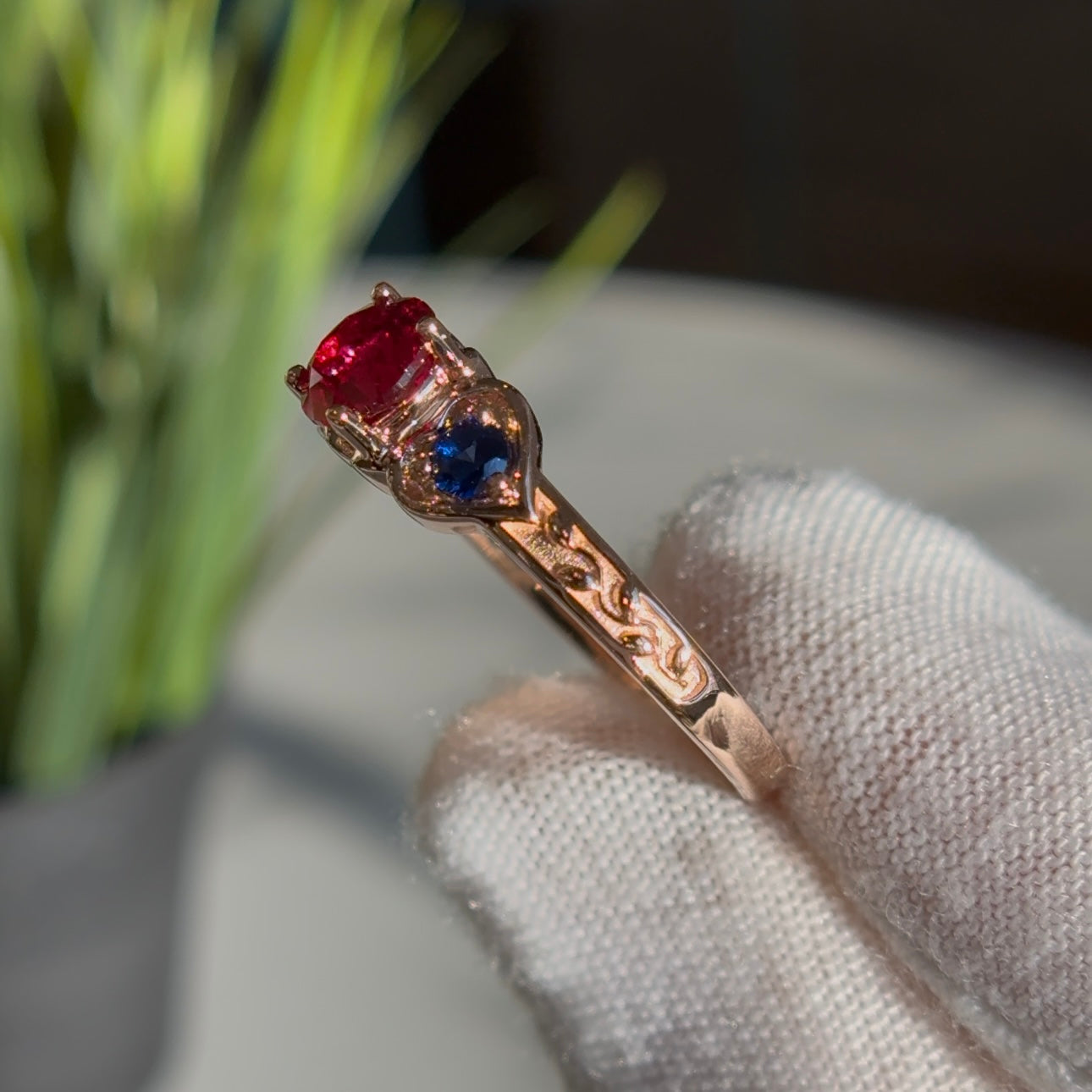 Customized™ "Fusion Harmony" 1.00ct Round Natural Ruby with Natural Sapphires Three-Stone Ring in 10K Solid Rose Gold