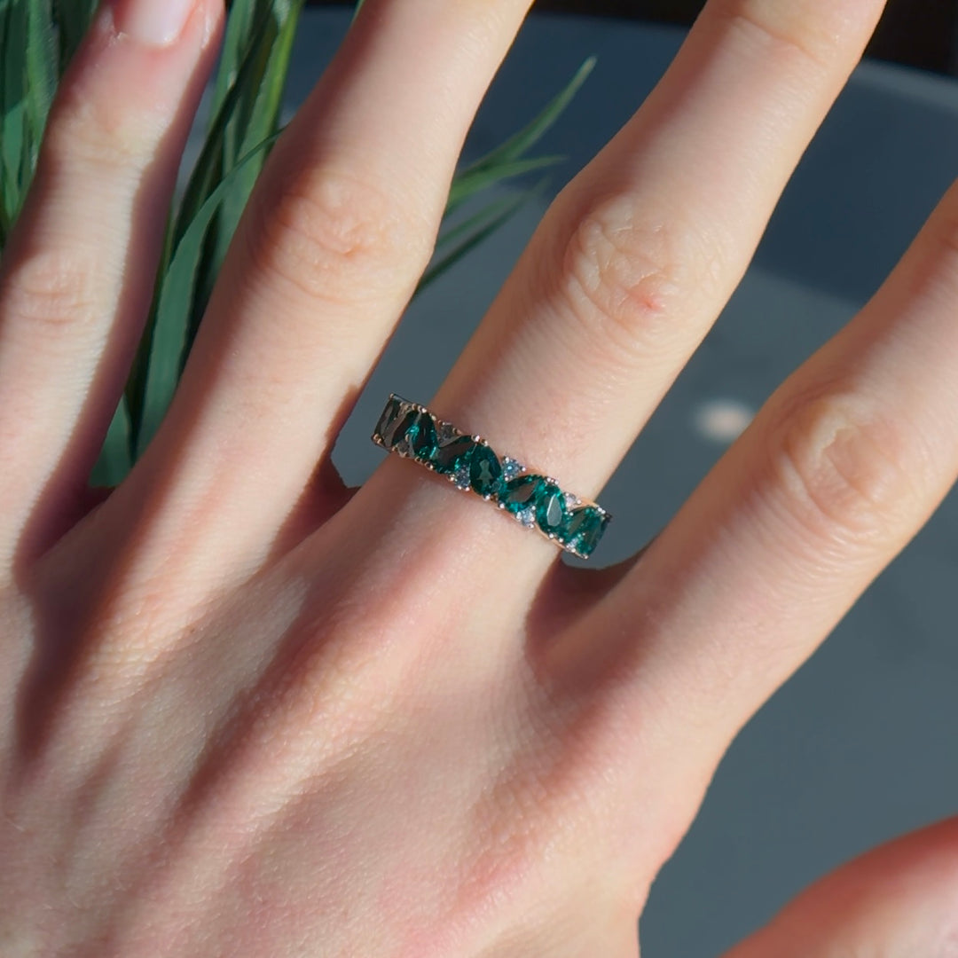 Customized™ 5mm, 2.88ctw Pear Lab-Grown Zambian Emerald & Round Diamond Eternity Band in Yellow Gold