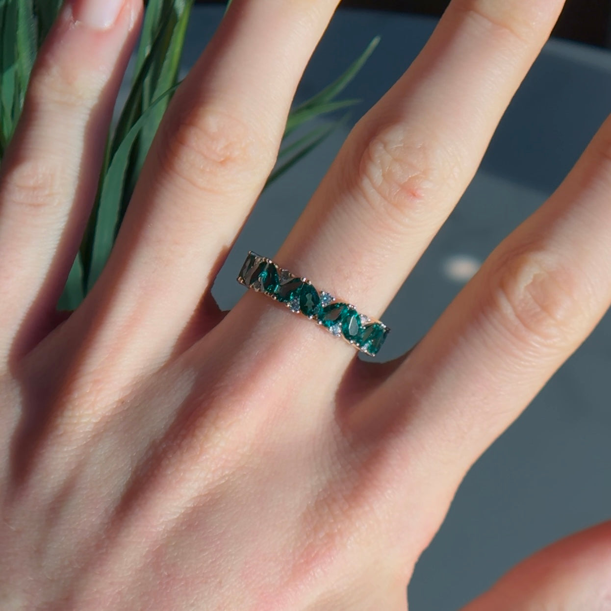 Customized™ 3*5mm Pear Cut Lab-Grown Zambian Emerald and Round Moissanite Eternity Band in 14K Solid Yellow Gold