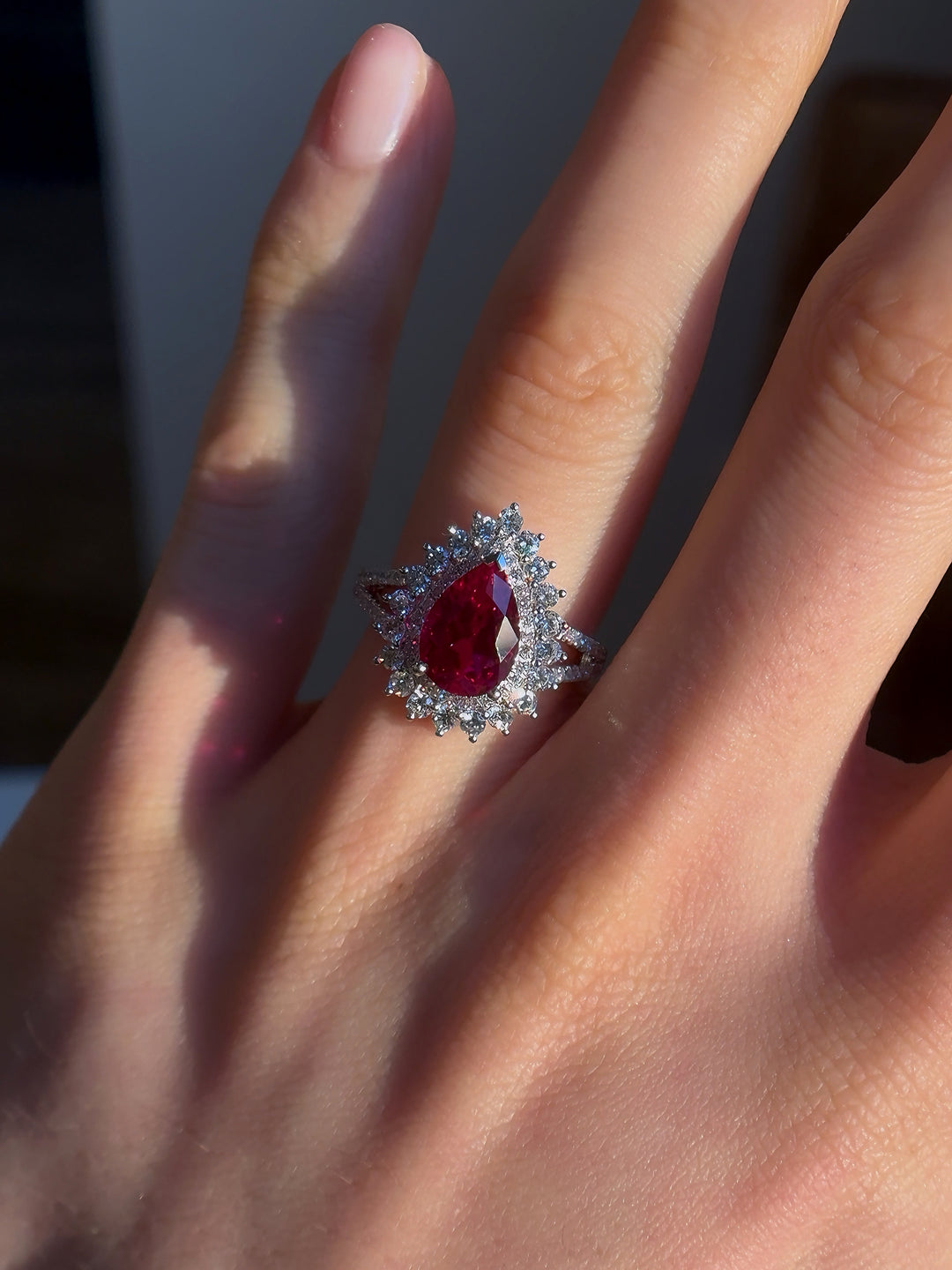 2.75ct Pear-Cut Ruby Diamond Halo Ring in 14K or 18K White Gold, "The Empress"