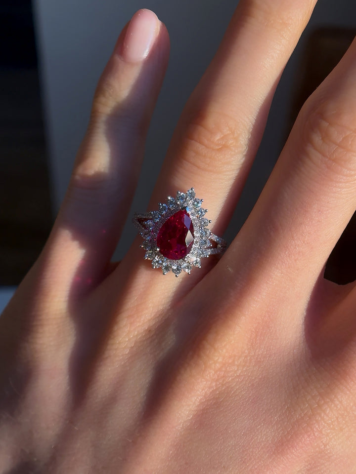 2.75ct Pear-Cut Ruby Diamond Halo Ring in 14K or 18K White Gold, "The Empress"