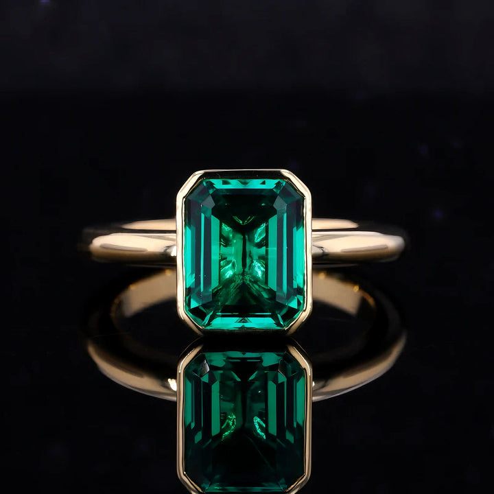 8x12mm, 5.50ct Lab-Grown Zambian Emerald Bezel-Set Ring in 14K Yellow Gold