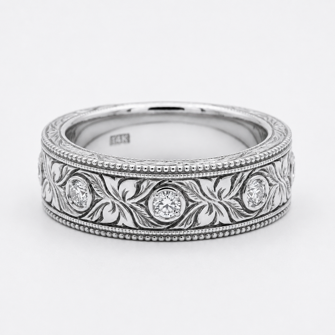 Hand-Carved Diamond Vintage Solid Gold Band (6mm)