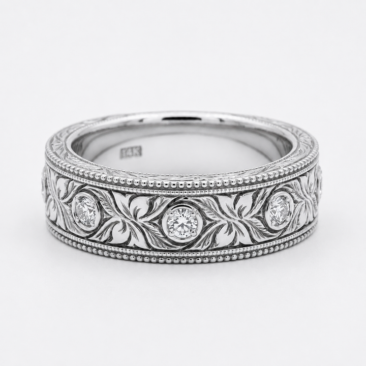 Hand-Carved Diamond Vintage Solid Gold Band (6mm)