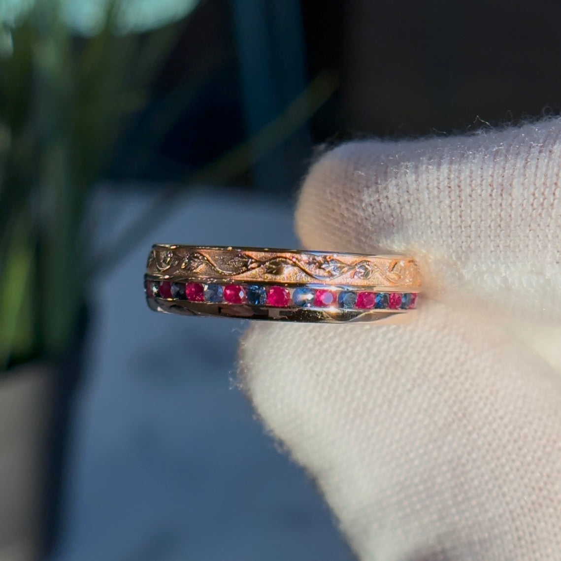 Customized™ Natural Ruby and Sapphire 5mm Band with Leaf Pattern in 10K Solid Rose Gold