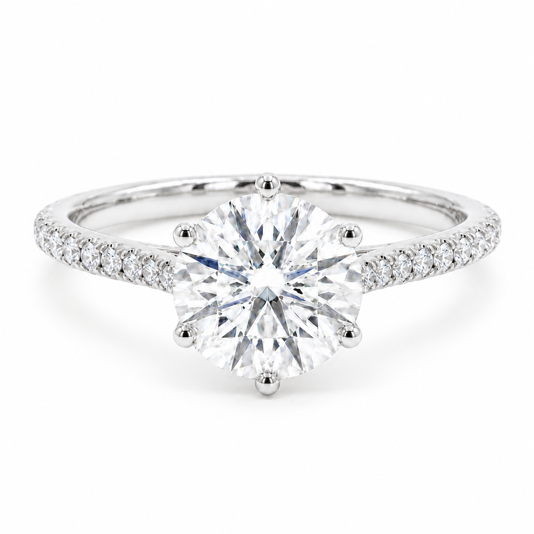 Tiffany Bold round lab diamond engagement ring in 14K white gold, front view on white