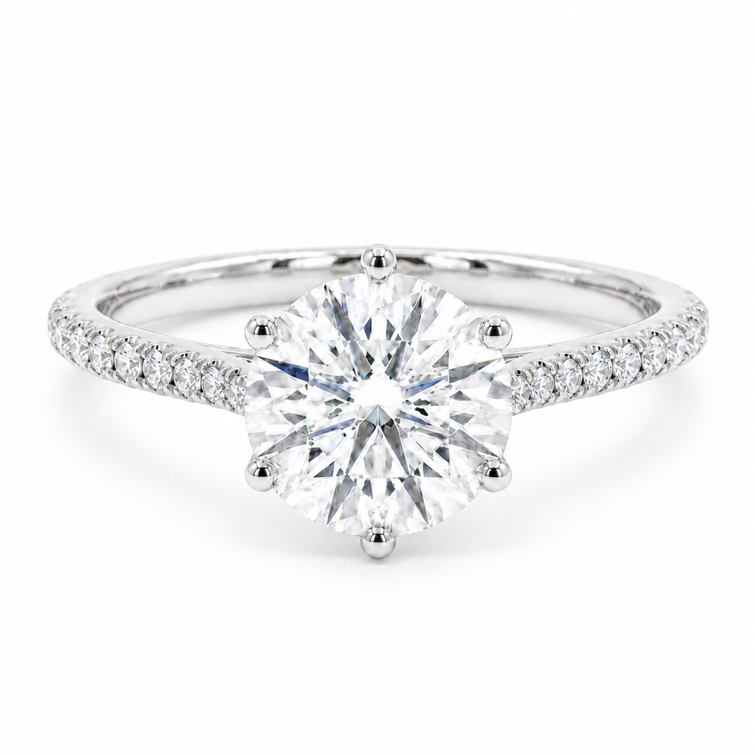 Tiffany Bold round lab diamond engagement ring in 14K white gold, front view on white