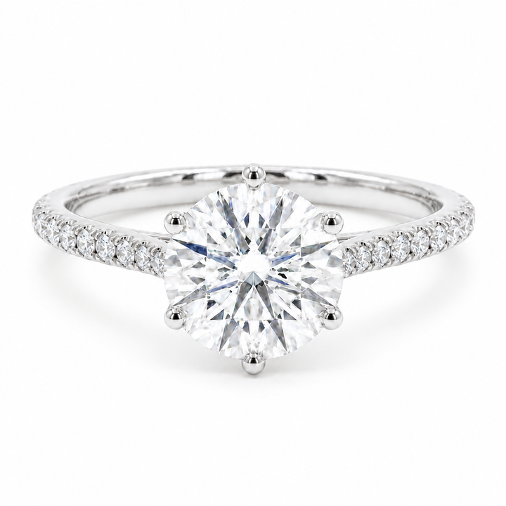 Tiffany Bold round lab diamond engagement ring in 14K white gold, front view on white