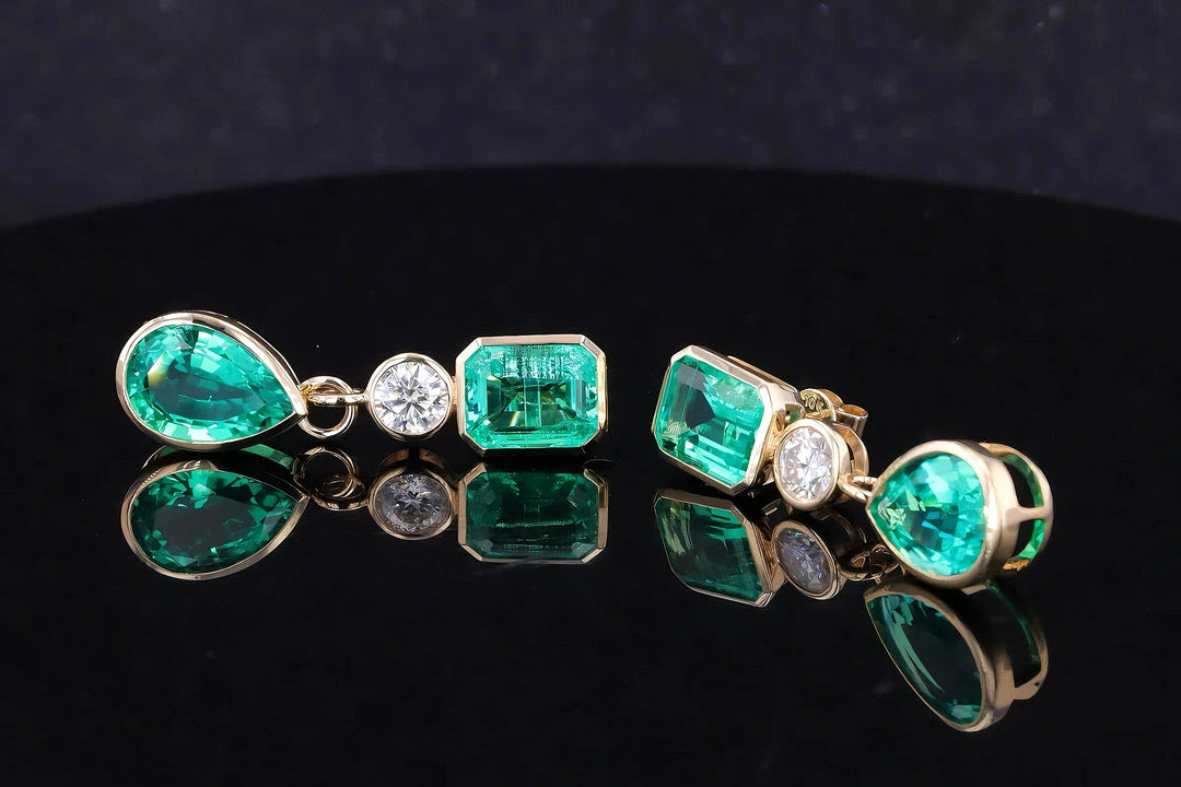 8x12mm Pear & 7x9mm Emerald Cut 4.90ctw Lab-Grown Colombian Emerald Bezel-Set Dangle Earrings with Diamond in 14K Yellow Gold