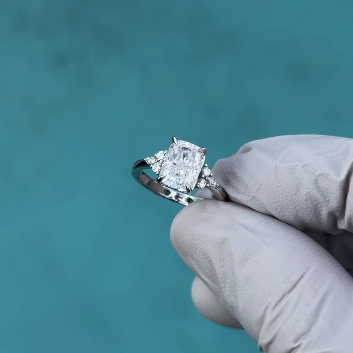 Customized™ 7x9mm, 3.00ct Ice Crushed Cushion Cut Moissanite with Side Accents in White Gold
