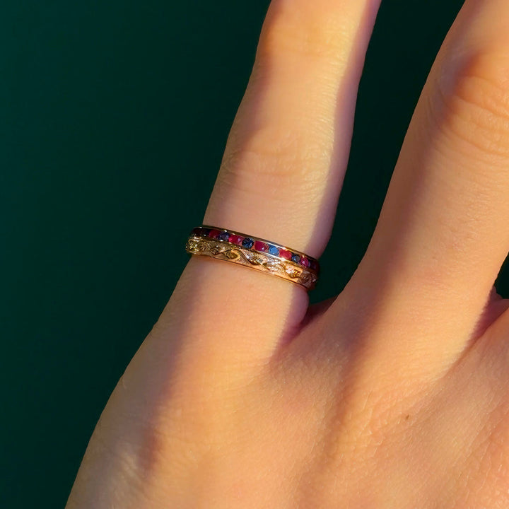 4mm "Fusion Harmony" Natural Ruby & Sapphire Band Ring in Rose Gold