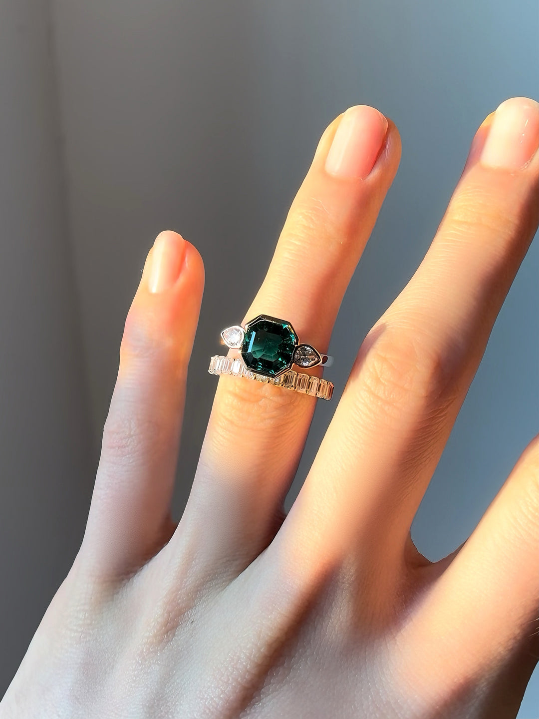 8x8mm, 2.00ct Asscher Lab-Grown Colombian Emerald Three-Stone Ring, "The Vault"