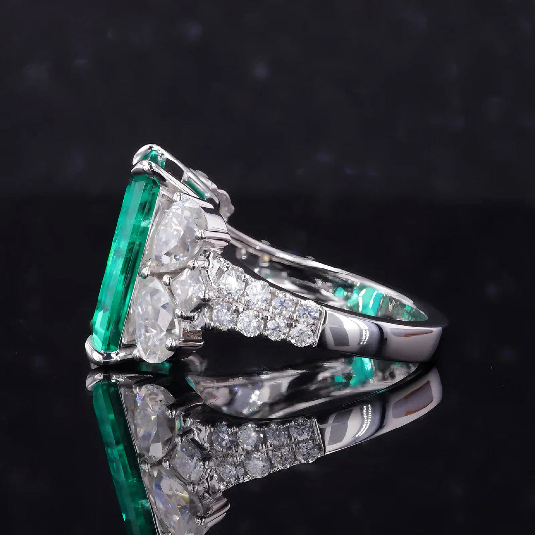 10x14mm, 7.30ct Lab-Grown Colombian Emerald with Pear/Round Cut Accent Diamond Ring in 14K White Gold