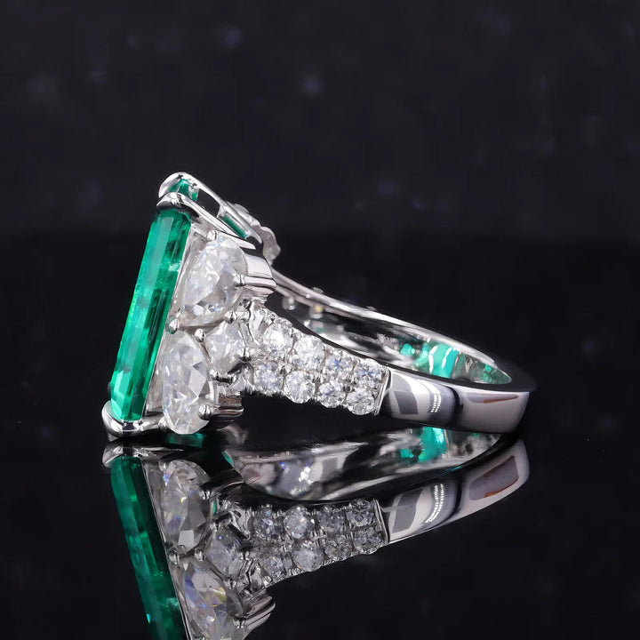 10x14mm, 7.30ct Lab-Grown Colombian Emerald with Pear/Round Cut Accent Diamond Ring in 14K White Gold
