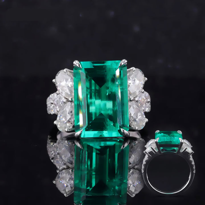 10x14mm, 7.30ct Lab-Grown Colombian Emerald with Pear/Round Cut Accent Diamond Ring in 14K White Gold