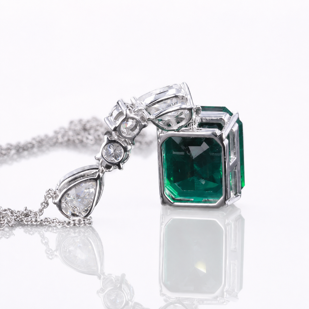 10x12mm, 4.50ct Lab-Grown Zambian Emerald Dangle Pendant with Pear/Round Diamonds Rolo Necklace in 14K White Gold