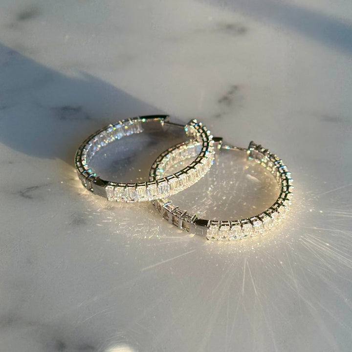 9.9ctw Lab-Grown East-West Emerald-Cut Diamond Hoop Earrings in White Gold