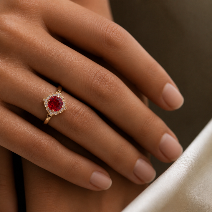 The Valencia — Vintage Diamond Halo Ruby Ring