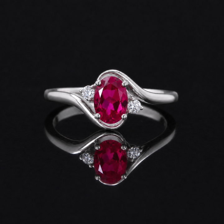 5*7mm Oval Cut Red Ruby with Diamond Twisted Band Ring in 10K Solid Yellow Gold