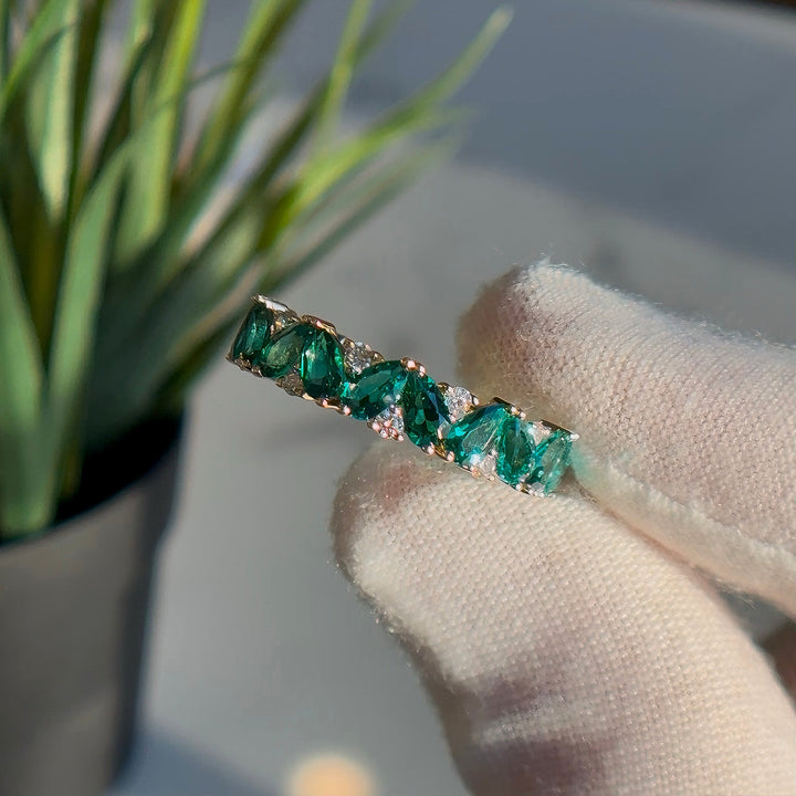 5mm, 2.88ctw Pear Lab-Grown Zambian Emerald & Round Diamond Eternity Band in Yellow Gold