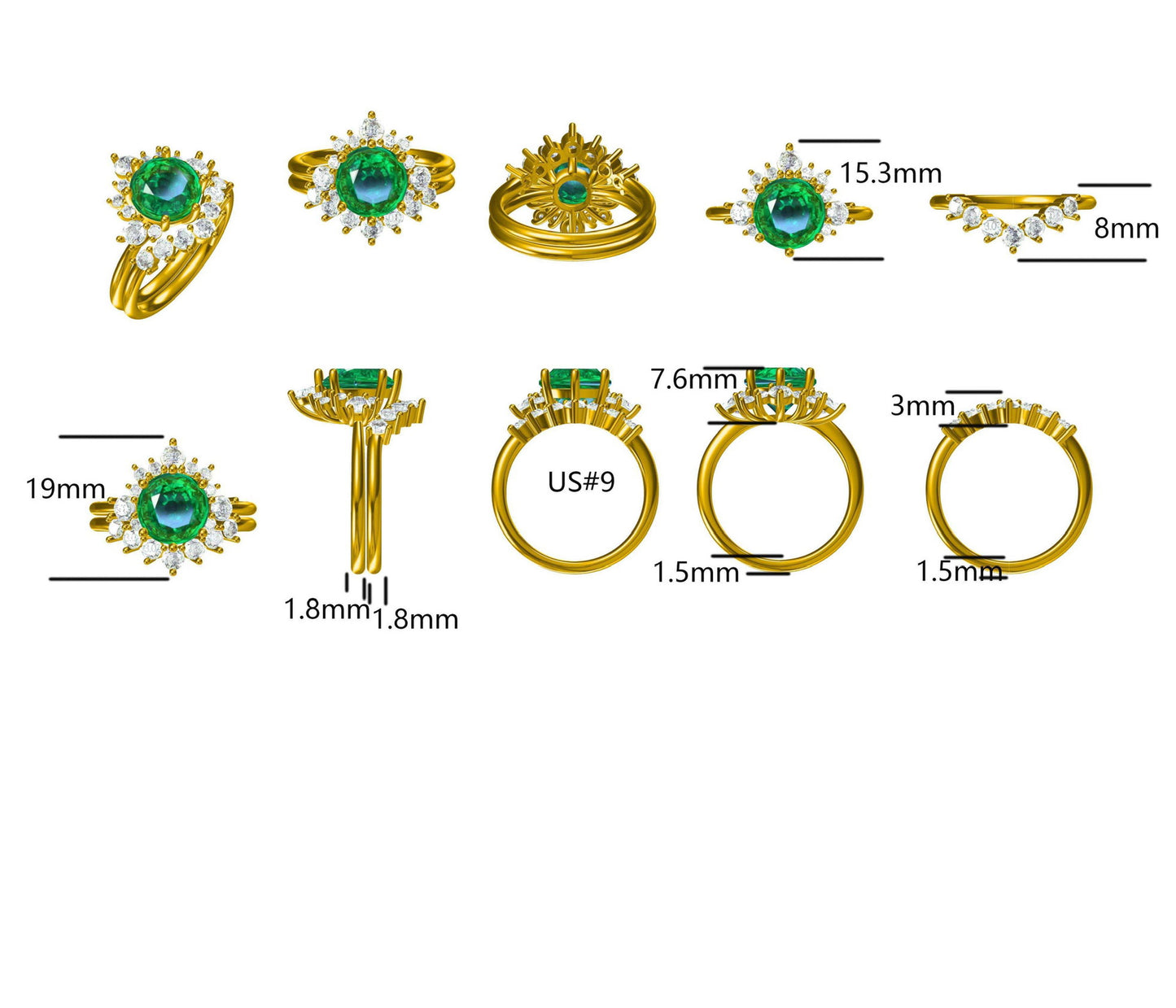 Customized™ 4ct Colombian Emerald with Moissanite Ring with Stacking Ring in 14K Solid Yellow Gold (1/2 Deposit)