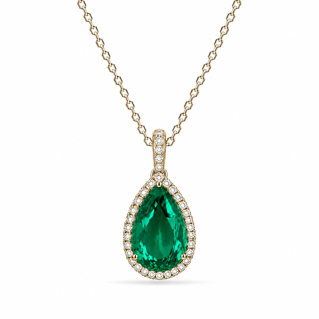 13x18mm, 9.5ct Pear Lab-Grown Colombian Emerald with Diamond Halo Pendant/Necklace